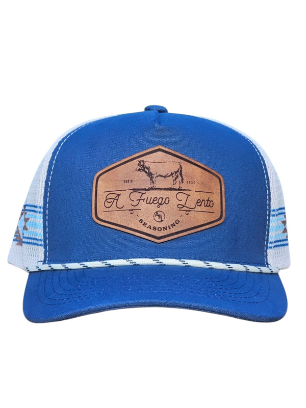 A Fuego Lento Seasoning Leather Patch- Western [Navy Blue/ Mesh] Trucker Hat