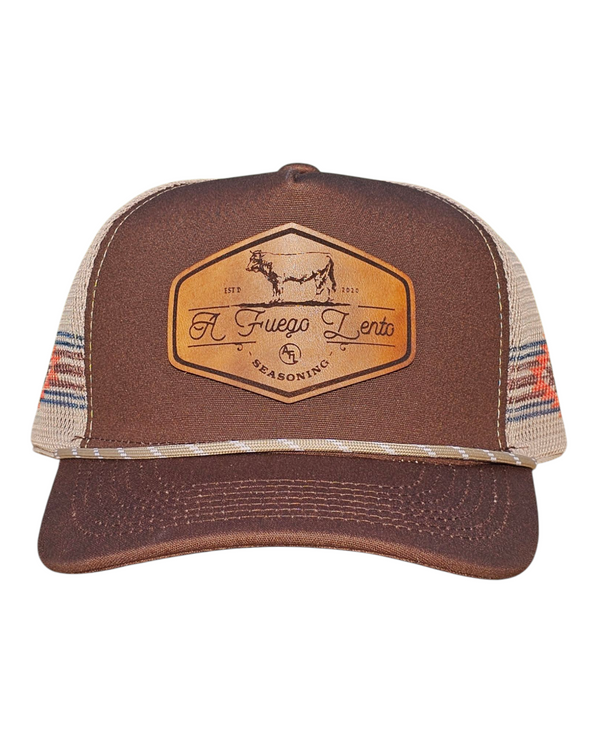 A Fuego Lento Seasoning Leather Patch- Western [Brown/ Khaki Mesh] Trucker Hat